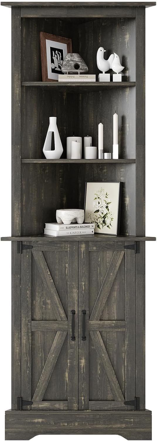4 EVER WINNER Farmhouse Corner Cabinet, 68" Tall Corner Cabinet with 5-Tier Adjustable Shelves and Barn Doors for Small Spaces, Living Room, Dining Room, Hallway, Bathroom, Kitchen, Rustic Oak