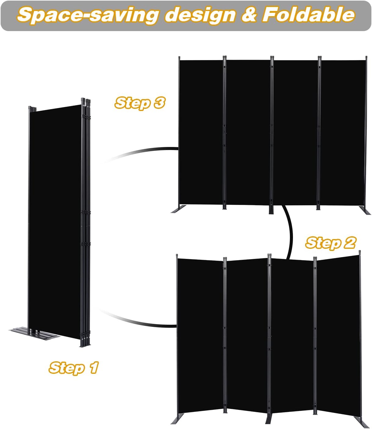 CHOSENM Room Divider, 4 Panel Folding Privacy Screens with Wider Feet, 6 Ft Portable Room Partition for Room Separator, Room Divider Panel 88" W X 71" H, Partition Room Dividers Freestanding，Black