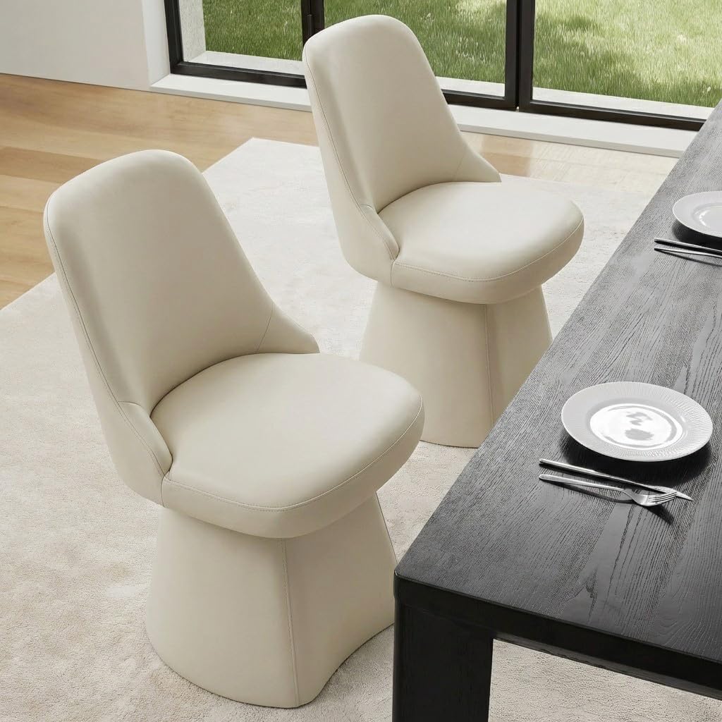 KISLOT Swivel Dining Chairs Set of 2, Upholstered Mid Century Modern Deskchair with High Back, Faux Leather Kitchen Chairs for Dining Room, Bedroom, Dressing Room, Cream