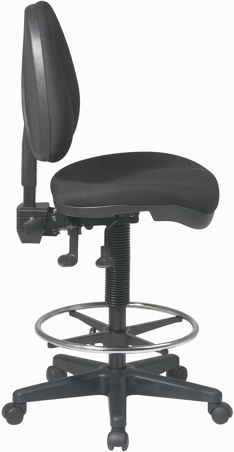 Office Star DC Series Deluxe Ergonomic Adjustable Padded Drafting Chair with 18.5 Inch Chromed Footring and Dual Wheel Carpet Casters, Icon Black Fabric