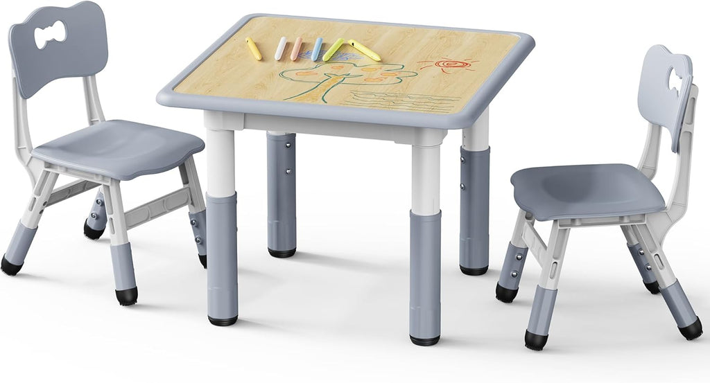 Brelley Kids Table and 2 Chairs Set, Height Adjustable Toddler Desk and Chair Set, Graffiti Desktop, Classroom/Daycare/Home, Children Multi-Activity Table for Ages 3-8