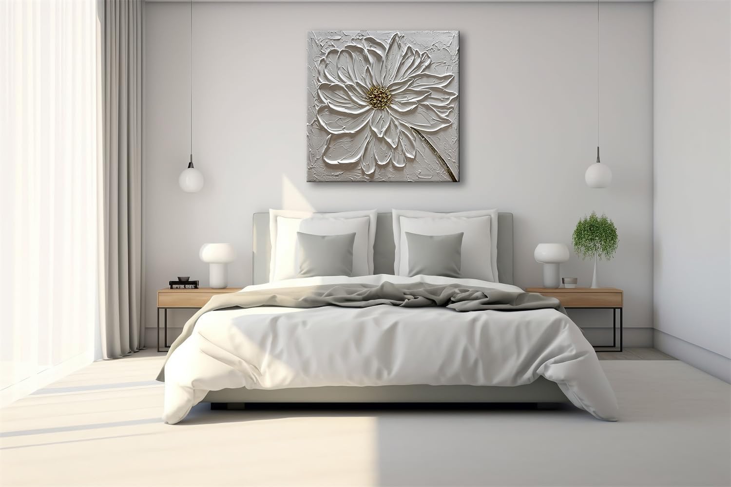 Slyart Hand Paintings 3D Floral Canvas Wall Art 24x24 Inches Abstract White Flower Paintings Modern Contemporary Texture Wall Art White Artwork for Home Decorations
