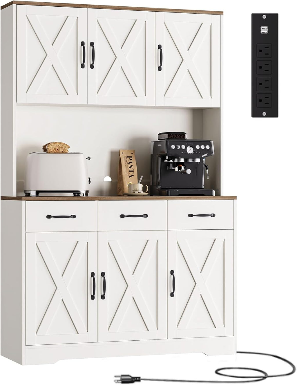 71'' Tall Kitchen Pantry Storage Cabinet with Charging Station, Farmhouse Pantry Cabinet with 3 Drawers & 4 Cabinets, Wide Kitchen Hutch with Countertop for Dining Room, White