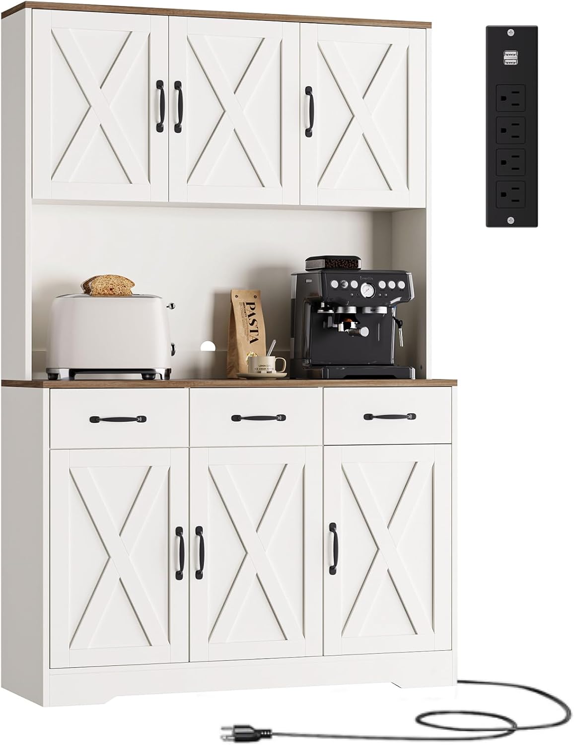 71'' Tall Kitchen Pantry Storage Cabinet with Charging Station, Farmhouse Pantry Cabinet with 3 Drawers & 4 Cabinets, Wide Kitchen Hutch with Countertop for Dining Room, White