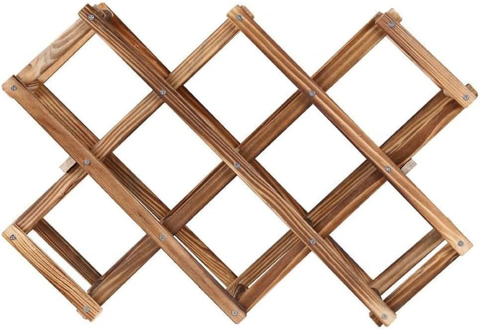 Foldable Wooden Wine Rack, 10-Bottle Expandable Countertop Wine Holder with 8 Individual Slots and Top Storage, Carbonized Pine, No Assembly Required