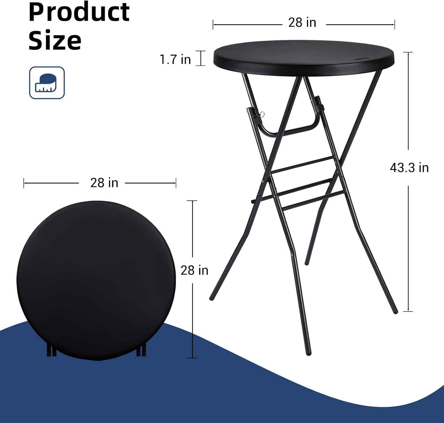 Byliable Cocktail Table 28in High Top Round Folding Indoor Outdoor, Plastic Bar Height Foldable Bistro Tall Table for Party, Patio, Dining Room, Kitchen, Events, Removable Locking Legs, Black