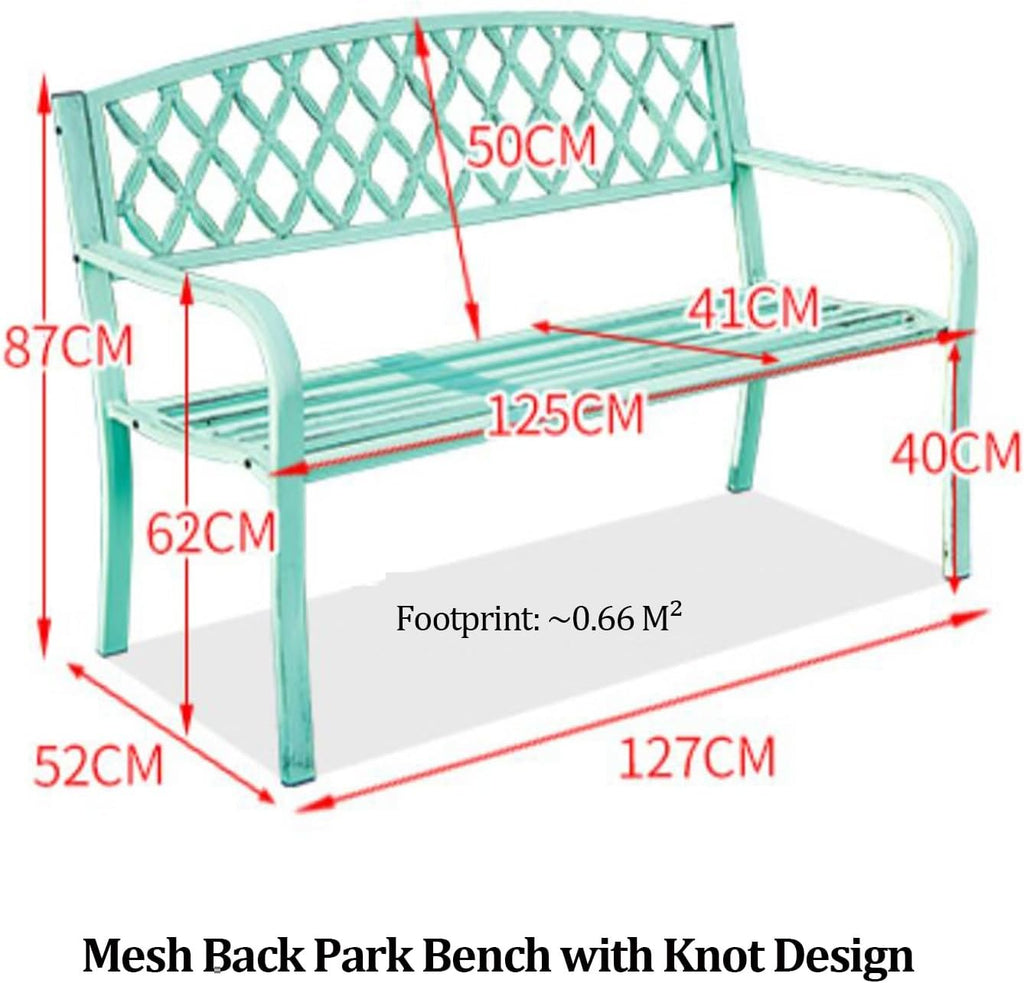 Outdoor Iron Metal Frame Bench with Knot-Pattern Mesh Back, Vintage Distressed 2 Person Seat with 105° Tilt & Curved Armrests, Weatherproof Garden Benches, for Lawn Backyard(White)