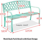 Outdoor Iron Metal Frame Bench with Knot-Pattern Mesh Back, Vintage Distressed 2 Person Seat with 105° Tilt & Curved Armrests, Weatherproof Garden Benches, for Lawn Backyard(White)