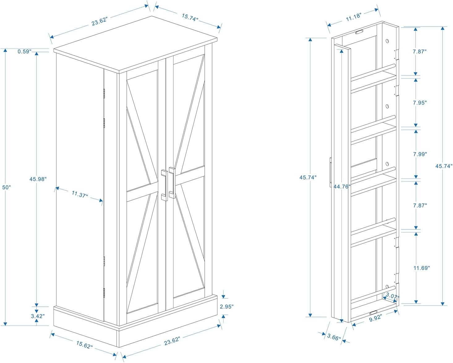 50" Tall Wooden Storage Cabinet with 2 Doors and 2 Adjustable Shelves, 4-Tier Kitchen Pantry Storage Cabinet for Kitchen, Living Room, Dining Room and Office, 23.62 inch