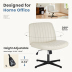 DUMOS Criss Cross Chair No Wheels, Wide Seat Cross Legged Office Desk Vanity Chair, Faux Leather Armless Height Adjustable Swivel Task Computer Chairs for Home, Study, Beige PU