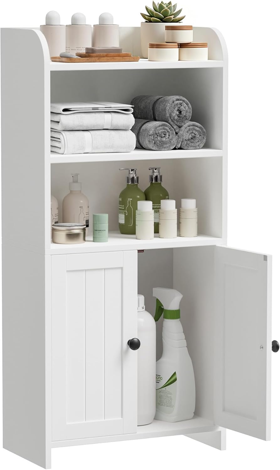 Small Bathroom Storage Cabinet, Freestanding Bathroom Cabinet and Organizer with Shelves, Small Cabinet with Doors for Bathroom, Laundry Room, 7.9" D x 14.6" W x 31" H, White
