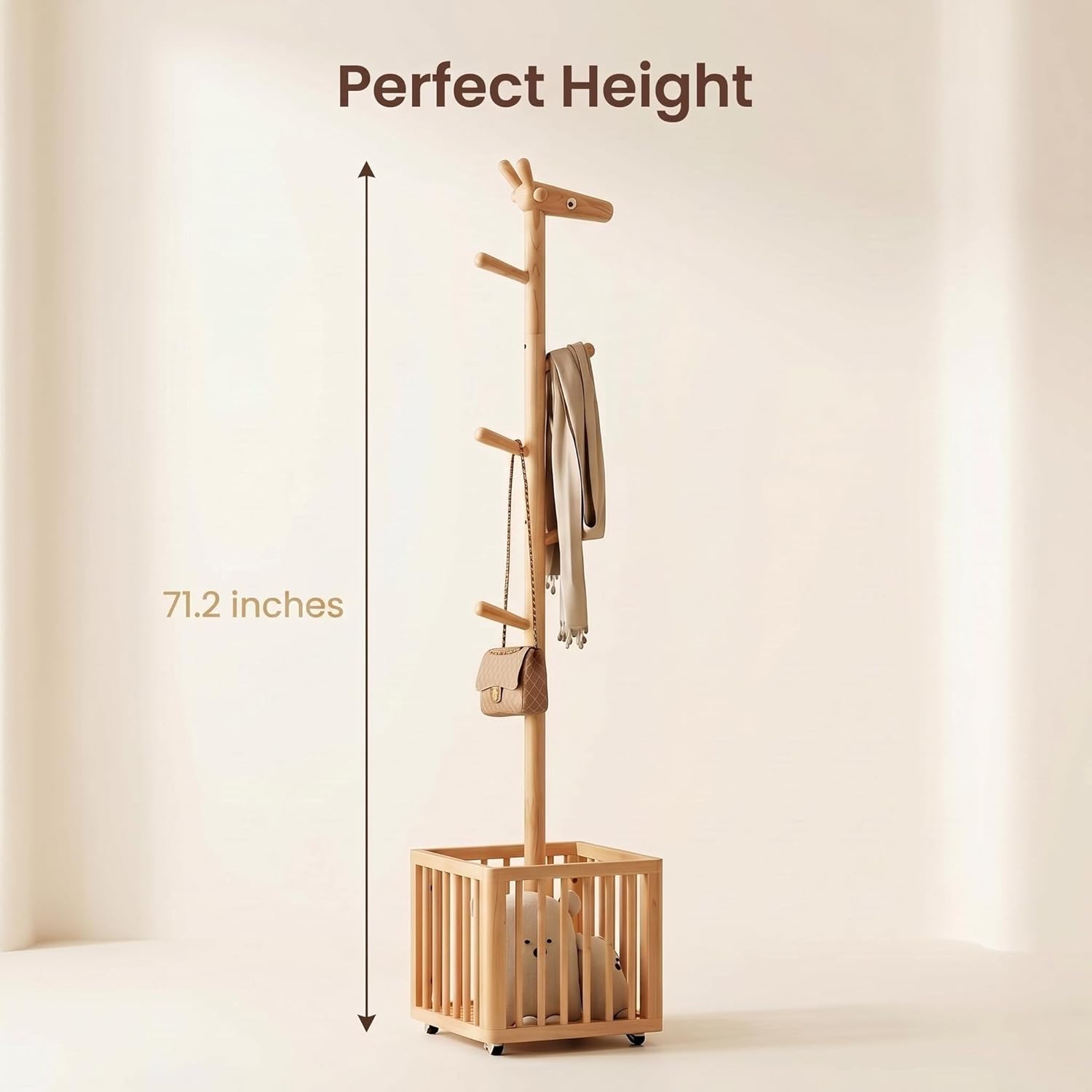 AQIMUELE Solid Wood Coat Rack, Freestanding Coat Rack with 6 Hooks, Natural Wooden Clothes Rack for Bedroom, Kids Room, Hallway, Entryway