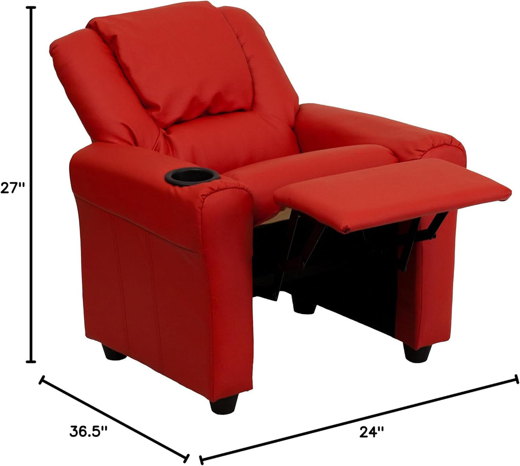 HBCY Creations Kid's Recliner - Red Vinyl Upholstery - Integrated Cupholder - Padded Headrest - Safety Recline Feature