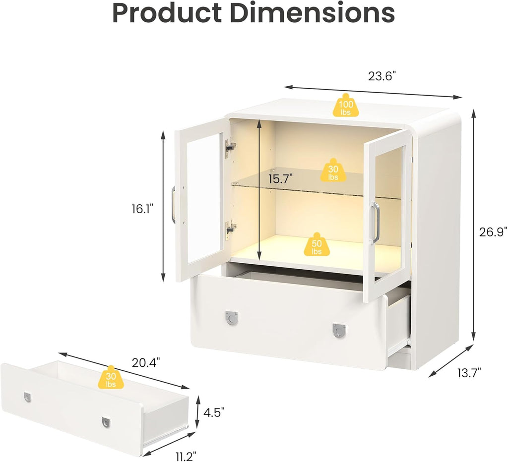 RoyalCraft White Display Cabinet with Acrylic Doors, Tall Curio Cabinet with LED Lights, Modern Storage Cabinet with Drawers & Adjustable Shelves, Ideal for Living Room, Child's Room