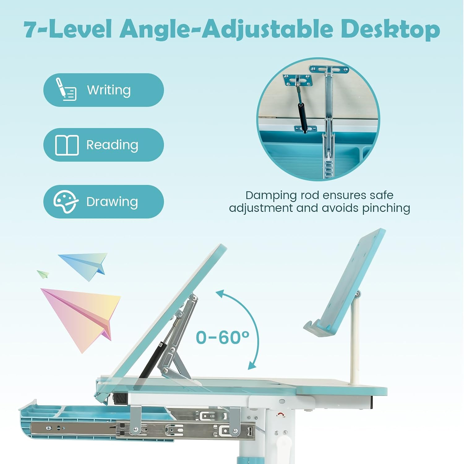 Costzon Kids Desk, Ergonomic Height-Adjustable Children Study Table w/Tiltable Desktop & Book Stand, Pull-Out Storage Drawer & Scale Ruler, Student Workstation for Writing, Drawing, Reading (Blue)