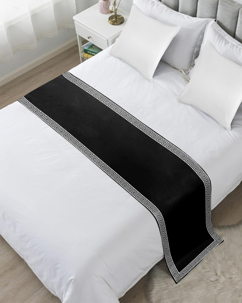 Greek Art Inspired Geometry Bed Runners for Bedroom Hotel,Decorative Bedding Scarf Abstract Monochrome Black White Bed End Blanket Bedding Runner Scarves for King Size Bed,102x20in