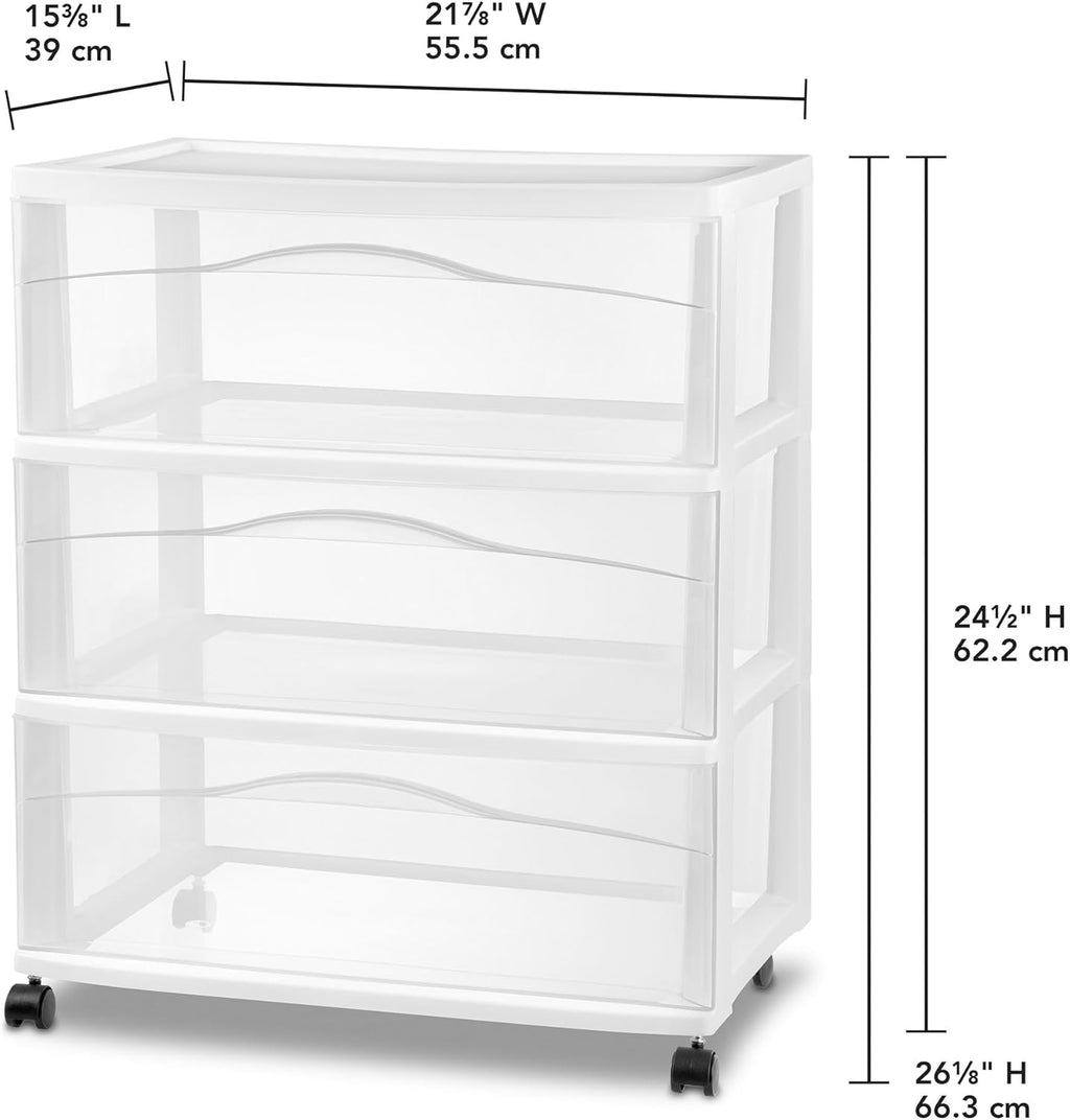 Sterilite Wide 3-Drawer Cart, Plastic Storage Organizer Drawers with Wheels, White - Rolling Multipurpose Bins for Dresser, Closet, Cabinet, Bedroom, Bathroom, and Office Organization
