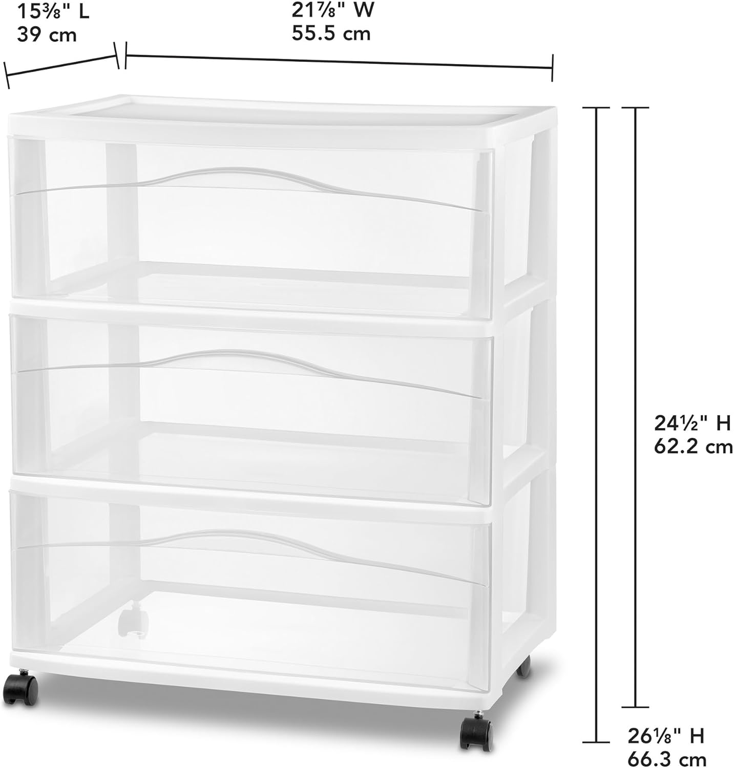 Sterilite Wide 3-Drawer Cart, Plastic Storage Organizer Drawers with Wheels, White - Rolling Multipurpose Bins for Dresser, Closet, Cabinet, Bedroom, Bathroom, and Office Organization