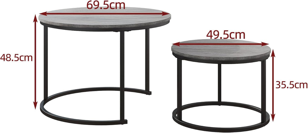 HOJINLINERO Round Coffee Table,Nesting Coffee Table Set of 2,Center Tables for Living Room,Office, Home Small Space,Stacking Side Tables,Sturdy and Easy Assembly,Wood Desktop,Black+Warm Grey,Large