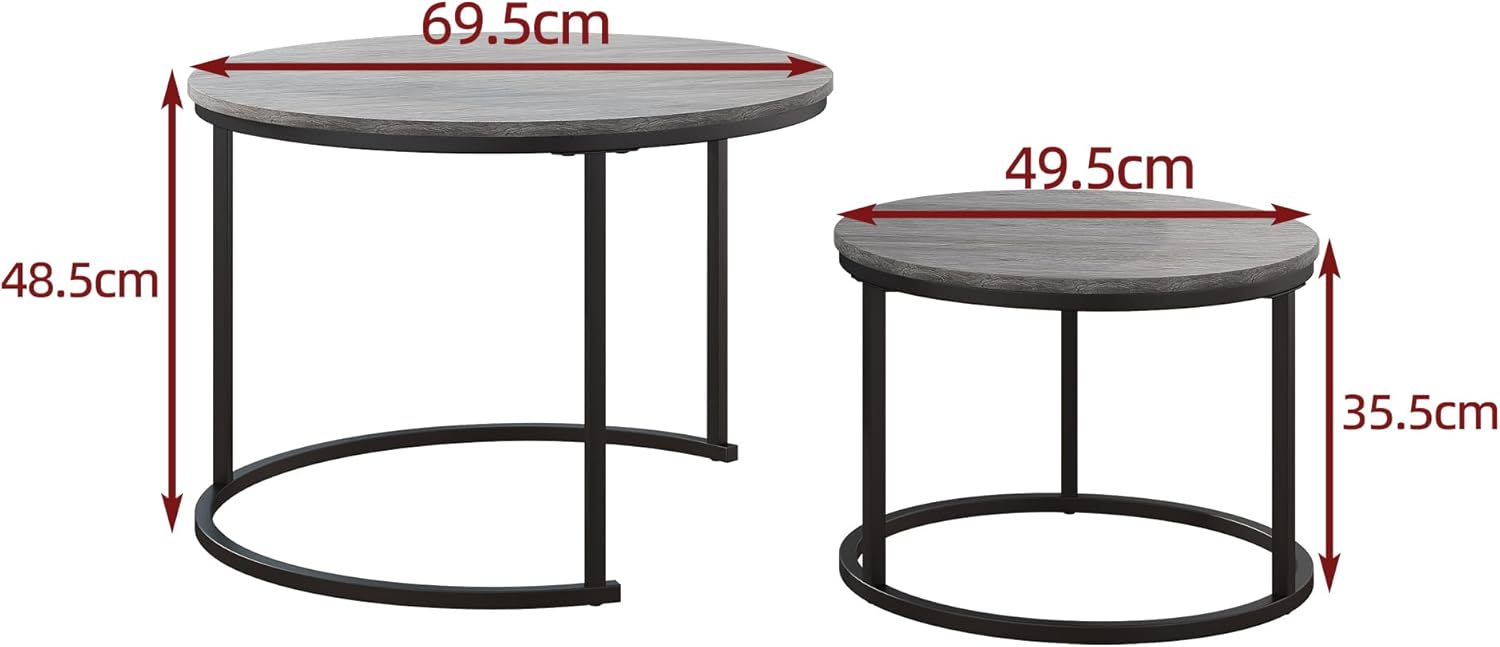 HOJINLINERO Round Coffee Table,Nesting Coffee Table Set of 2,Center Tables for Living Room,Office, Home Small Space,Stacking Side Tables,Sturdy and Easy Assembly,Wood Desktop,Black+Warm Grey,Large