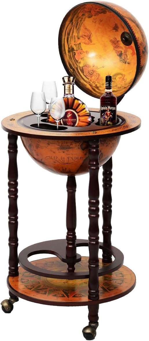 TANGZON 330MM/360MM Globe Drinks Cabinet, Movable Whisky Wine Spirits Cabinet with Casters, Wine Container Minibar Storage Wooden Cart (Brown)