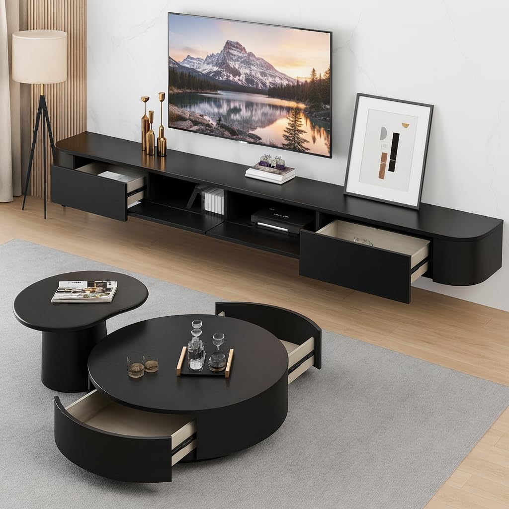 Floating TV Stand,47-118" Wall Mounted TV Shelf, Floating TV Consolewith Flip-Down Doors & Drawers, Modern TV Media Console Center Large Storage TV Stand (Black-Led, 110.2")