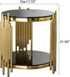 Set of 2 Modern Luxury 2-Tier Round End Tables, Black Tempered Glass Tops, Gold Stainless Steel Frames, Small Elegant Side Tables for Living Room, Bedroom, Office, or Café