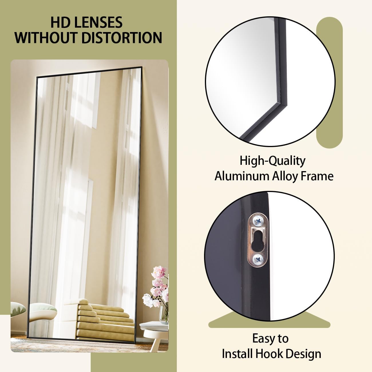 BEAUTYPEAK Full Length Mirror with Stand, 56"x21" Floor Mirror with Aluminum Alloy Thin Frame, ShatterVue Tempered Full Body Mirrors, Free Standing or Wall-Mounted Mirrors for Living Room, Black