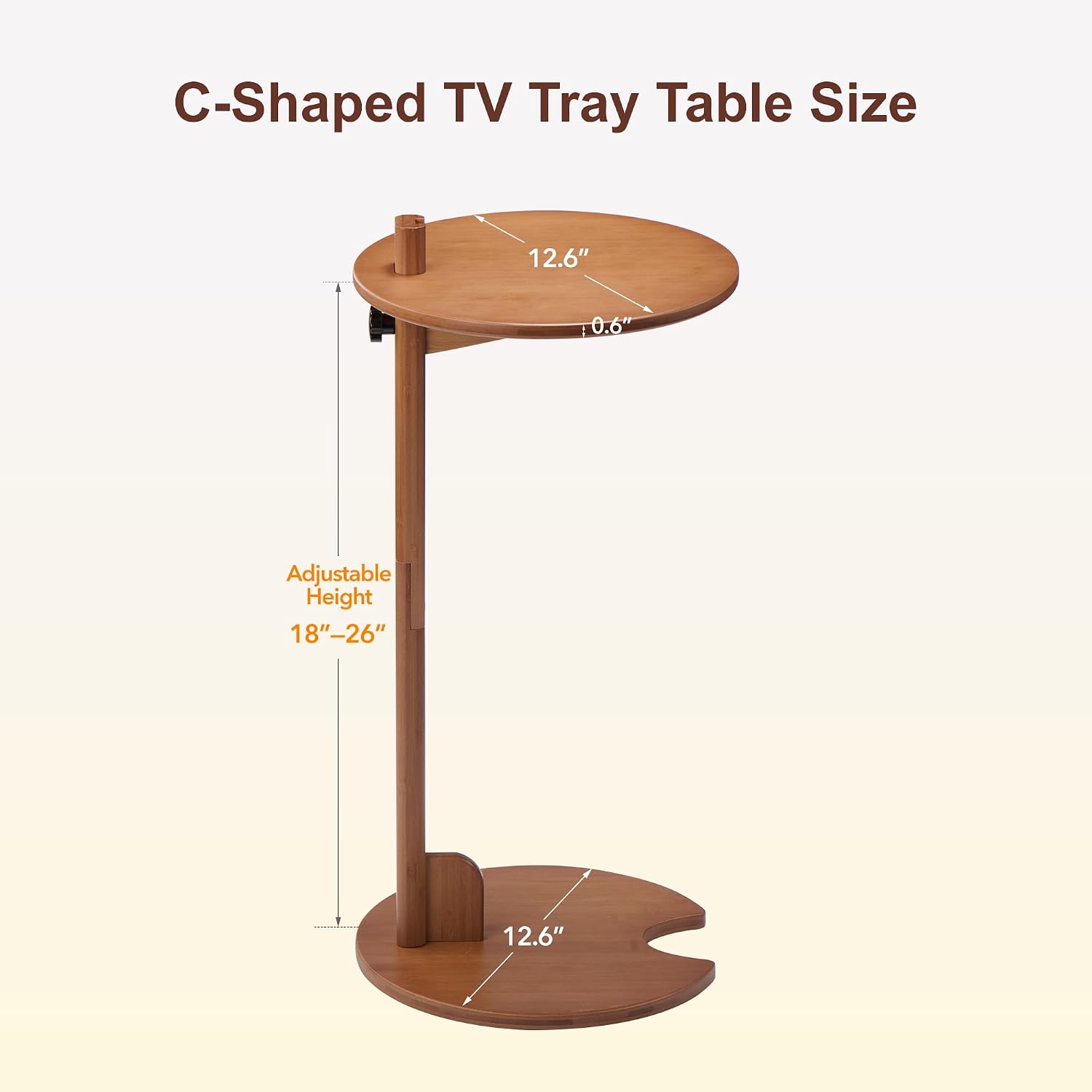 18–26" Height Adjustable Bamboo C-Shaped Side End Table for Sofa | Slides Under Couch; Round Solid Bamboo Top; Works as Laptop Desk & TV Tray; Space-Saving for Small Living Rooms and Bedrooms