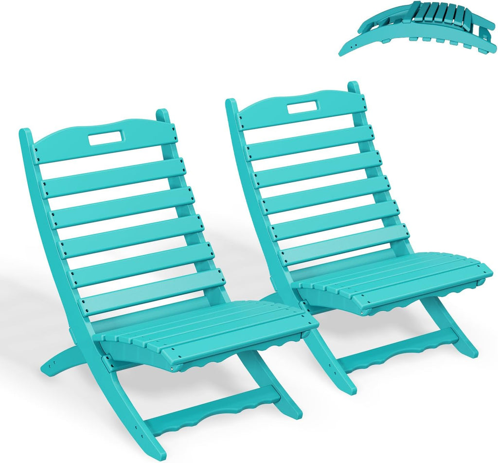 GREENVINES Folding-Xavier-Chairs Set of 2 | Wave | Portable Adirondack-Chair | HDPE Plastic | All Weather Fire-Pit Chair | Aqua | for Beach Outdoor Deck Poolside Garden Patio Porch Fishing