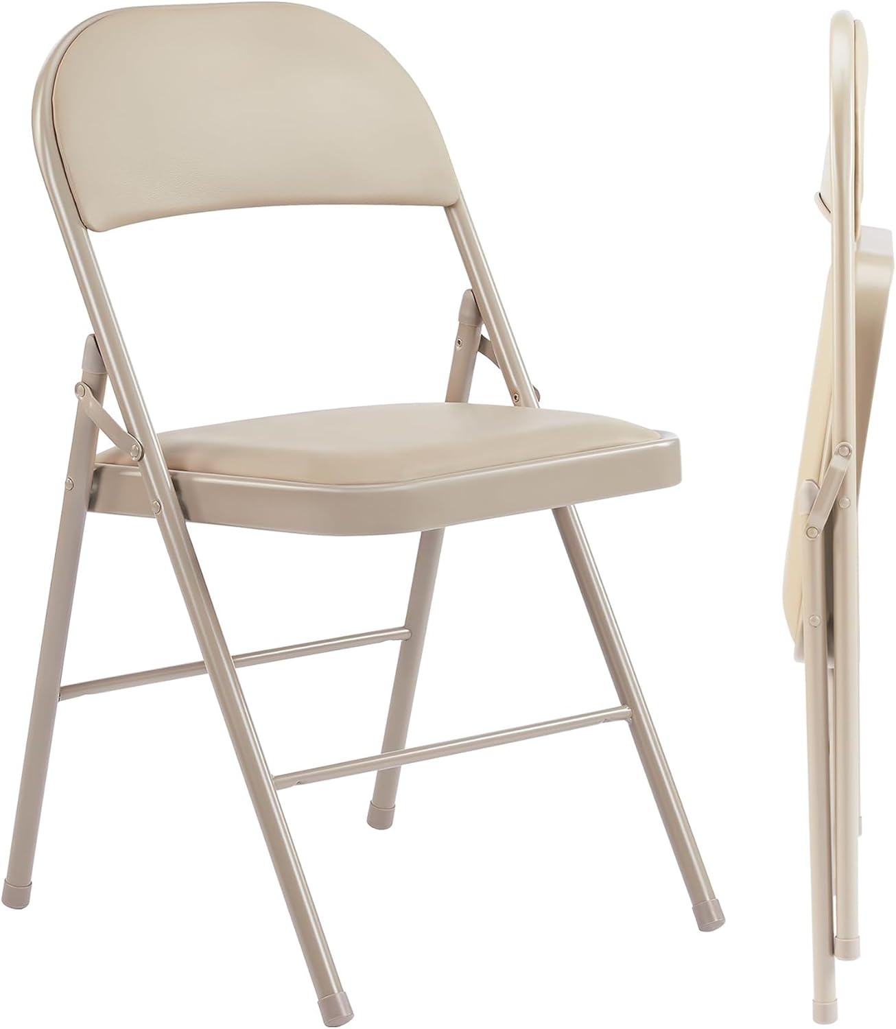 Folding Chairs 2 Pack, Portable Stackable Commercial Chair, Indoor Outdoor Padded Leather Chair with Sturdy Metal Frame, for Home, Office, or Party Events. (Kahki, 2 Pack)