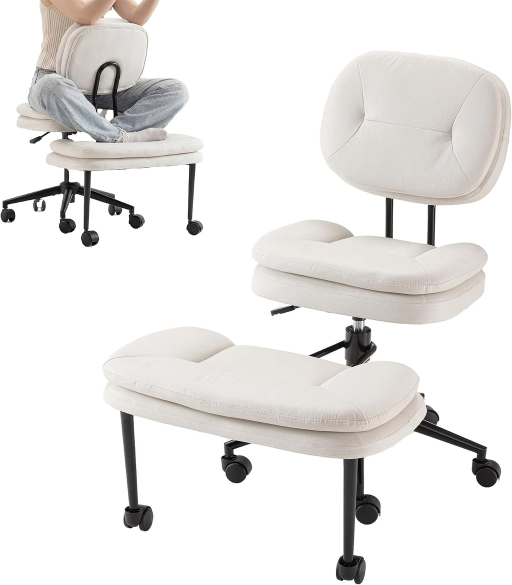COSIEST Cross Legged Office Chair with Wheels, Ergonomic Kneeling Chair for Adults, Criss Cross Chair with Wide Seat, 360° Swivel Meditation Yoga Desk Chair, Adjustable Height, White