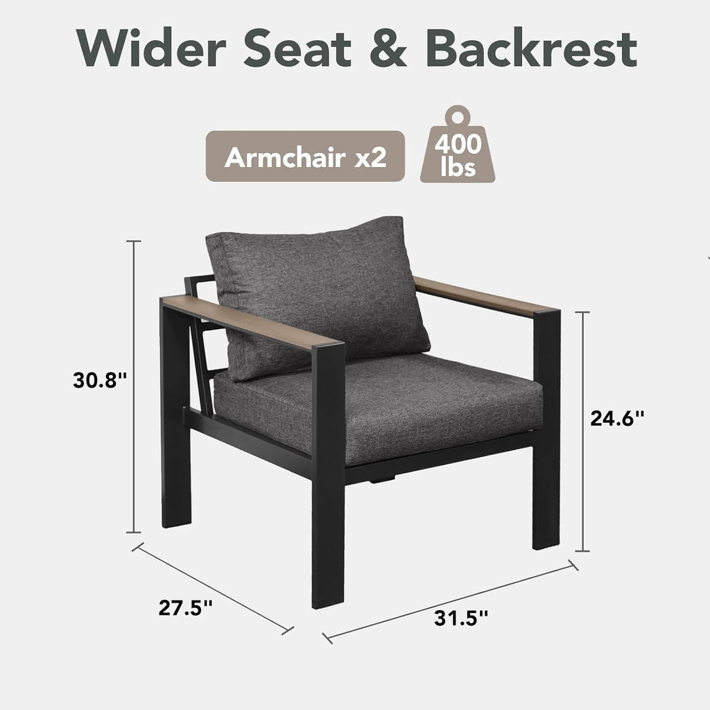 Outdoor Patio Furniture Set 2 Pieces Armchair with Washable Thick Cushions, Luxury Aluminum Patio Furniture Chair Modern Outside Sectional Set for Porch, Balcony, Deck, Yard, Dark Gray