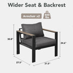 Outdoor Patio Furniture Set 2 Pieces Armchair with Washable Thick Cushions, Luxury Aluminum Patio Furniture Chair Modern Outside Sectional Set for Porch, Balcony, Deck, Yard, Dark Gray