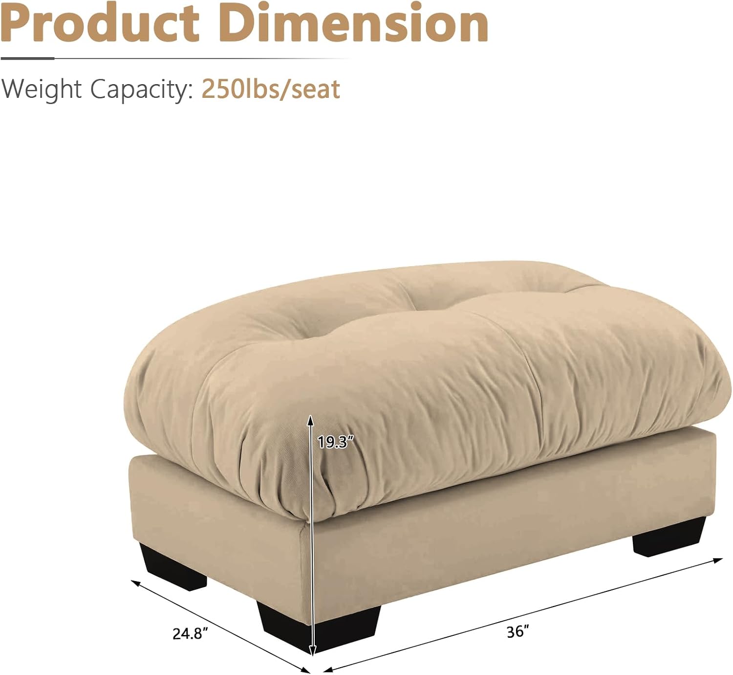 Velvet Upholstered Couches Ottoman for Oversized Modular Sectional Sofas, Camel