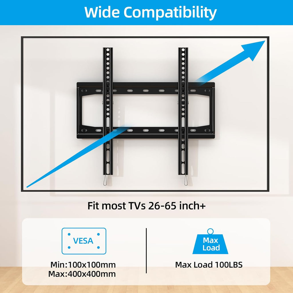 HOME VISION Tilt TV Wall Mount Bracket for 26-65 Inch Flat/Curved TVs, Max VESA 400X400mm, 100Lbs Capacity, Fits 8-16 Inch Wood Studs, Universal Low Profile, HV9401