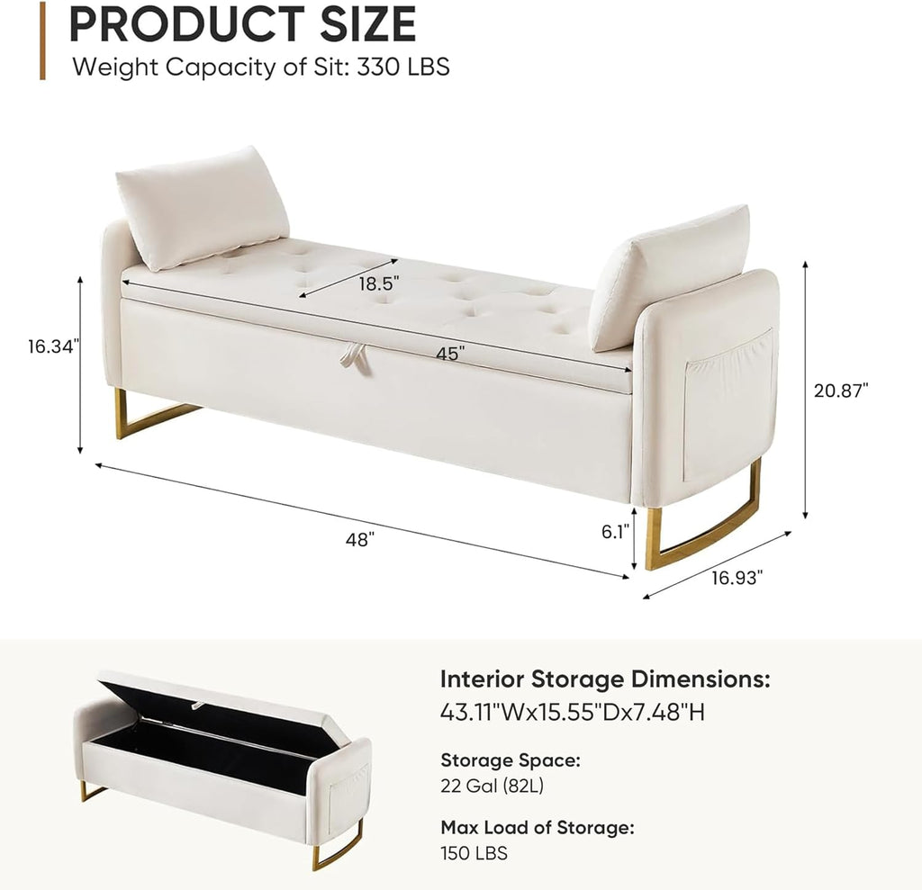 48" End of Bed Bench, Modern Storage Benches with Button-Tufted, Velvet Upholstered Storage Ottoman Bench for Foot of Bed with Arms, Gold Legs Window and Entryway, Beige