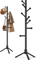 Wooden Coat Rack Freestanding, Adjustable Height Solid Wood Clothes Stand with 8 Ball-End Hooks, Stable Tripod Base, 5.7FT Floor Coat Tree for Entryway Bedroom Office, Black