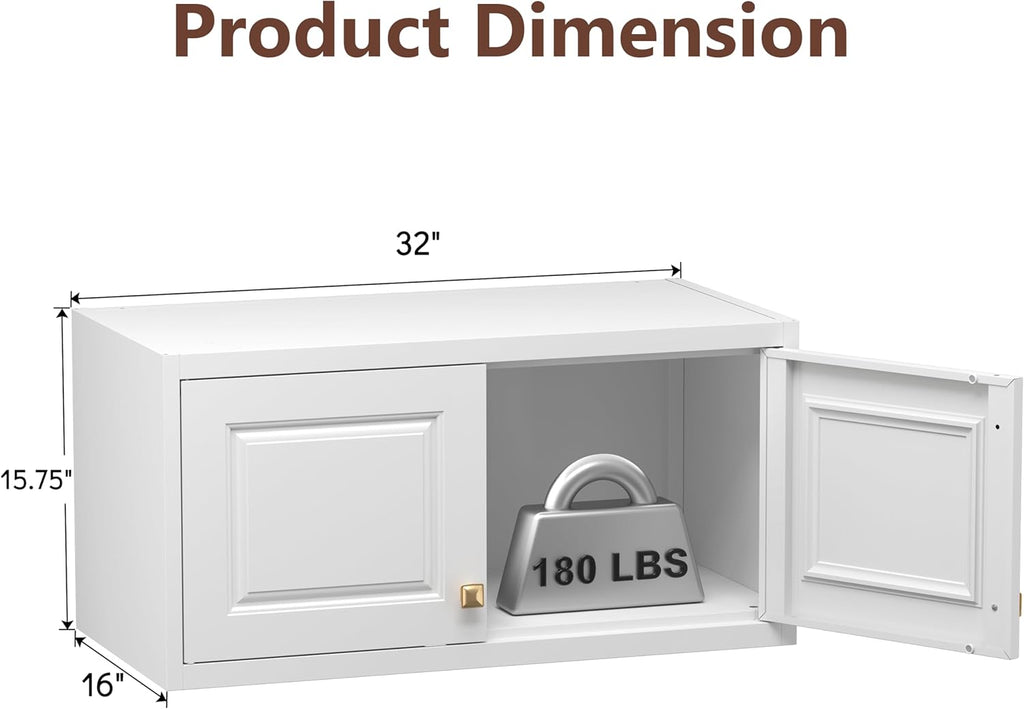 Polup Wall Cabinet with Doors，Pantry Cabinets for Kitchen Storage, Small Top Cabinet, for Dining Room, Living Room, Bathroom, 16" D x 32" W x 15" H, White, Assembly Required