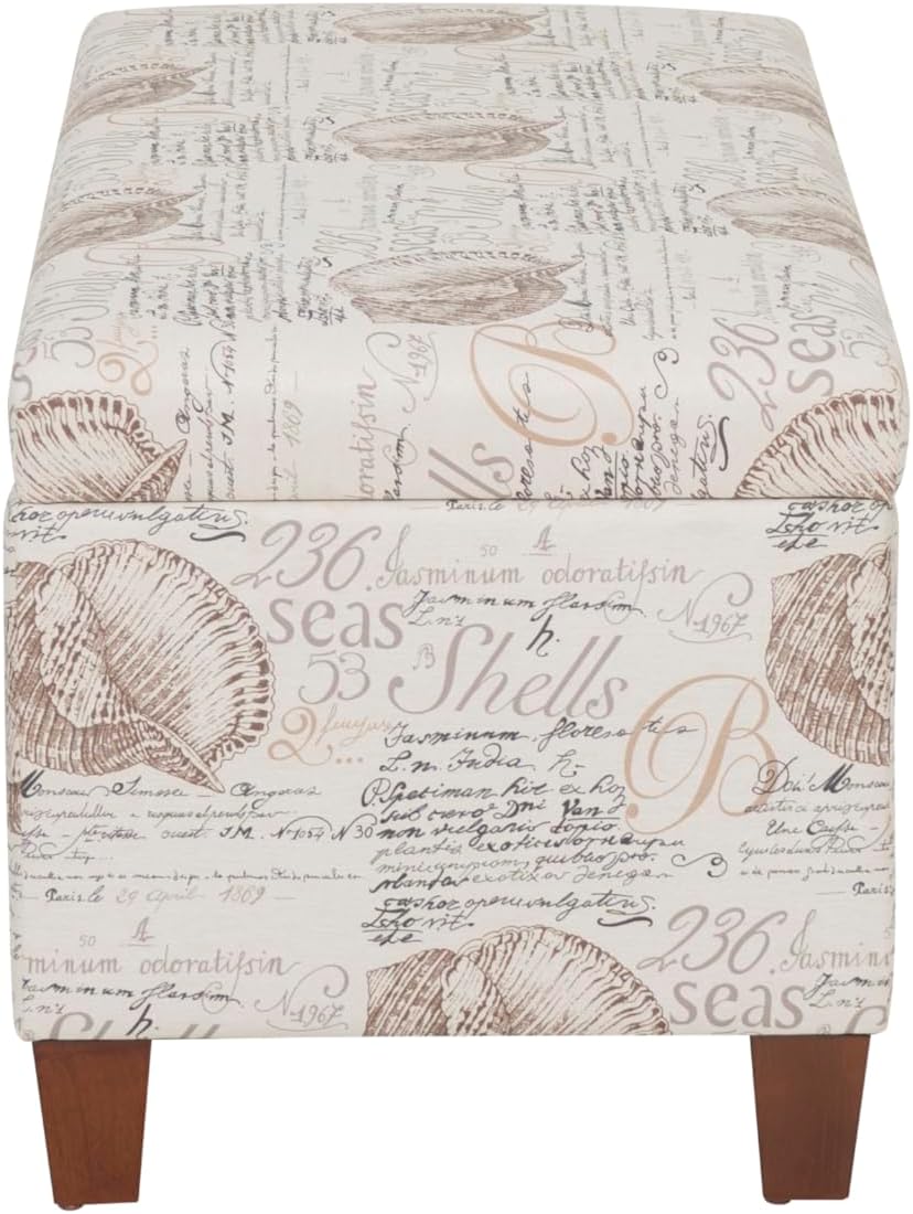 Linon Carmen Ivory and Beige Seashell Upholstered Lift Top Storage Ottoman with Wooden Feet