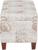 Linon Carmen Ivory and Beige Seashell Upholstered Lift Top Storage Ottoman with Wooden Feet