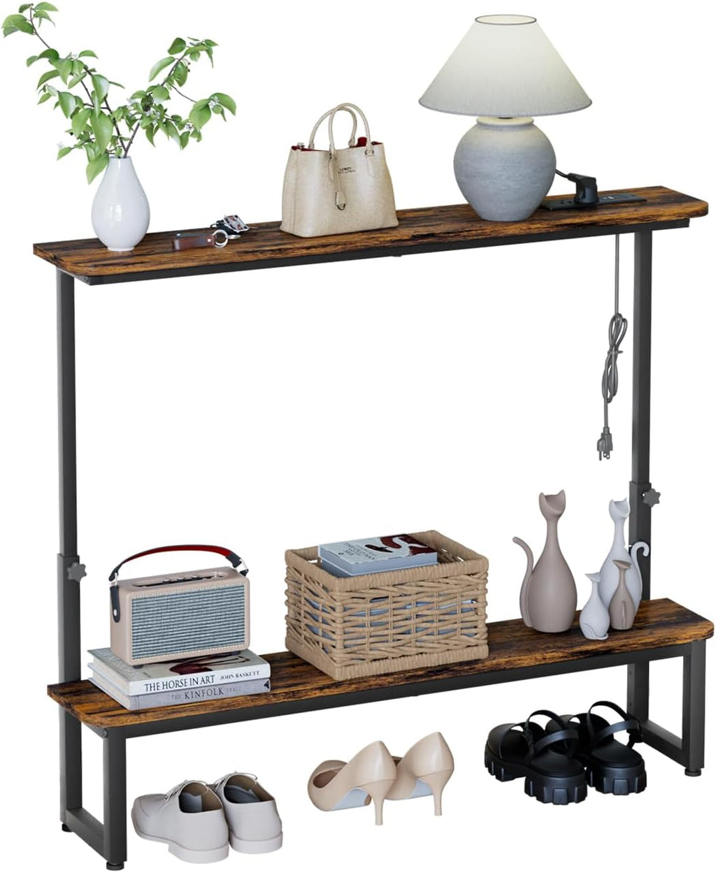 Homde 2-Tier Narrow Console Table: Industrial Design with Adjustable Height & Outlets - 39.4" Small Entryway Shelf for Living Room Hallway Behind Couch - Sofa Side Desk Display Shelf