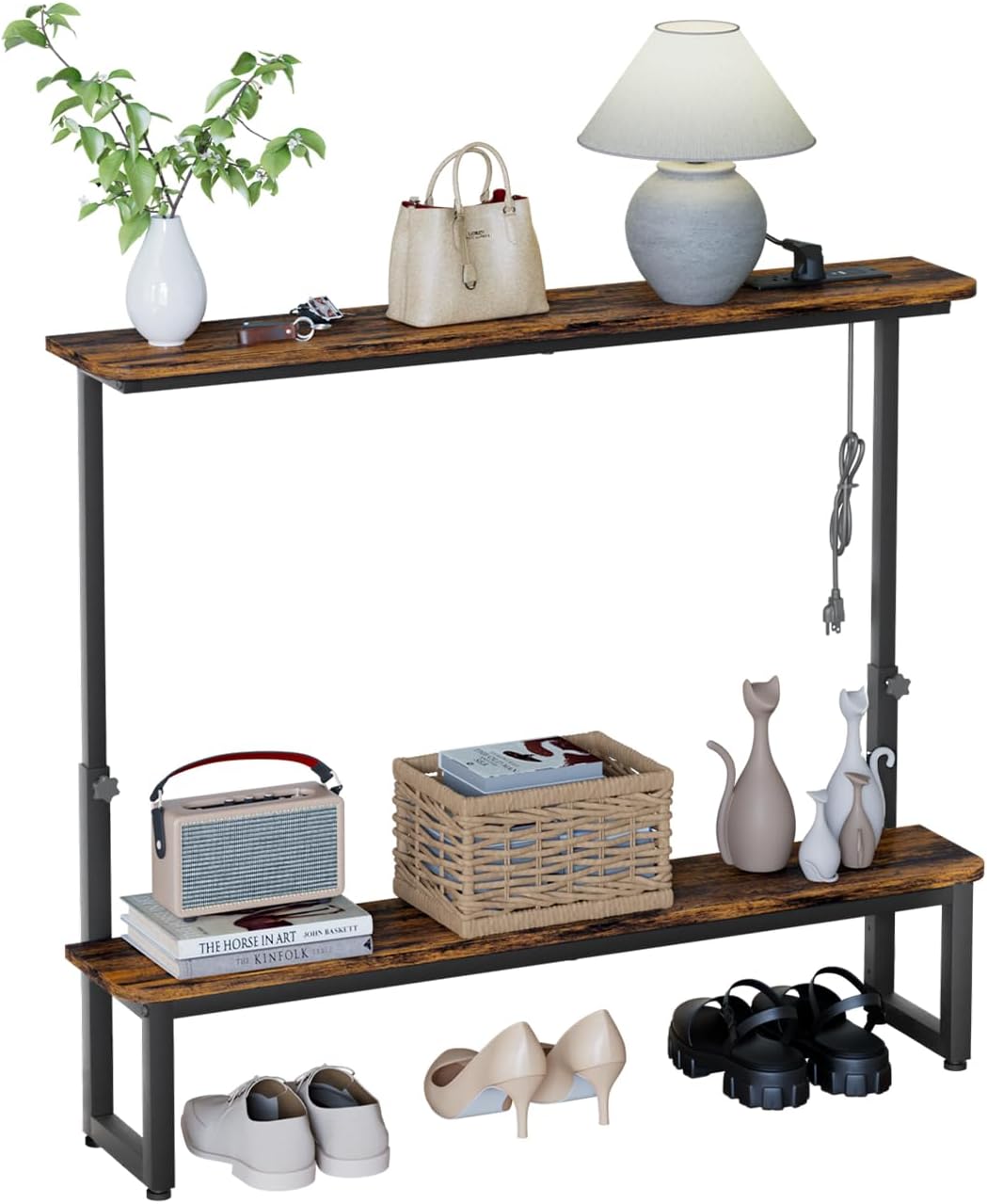 Homde 2-Tier Narrow Console Table: Industrial Design with Adjustable Height & Outlets - 39.4" Small Entryway Shelf for Living Room Hallway Behind Couch - Sofa Side Desk Display Shelf