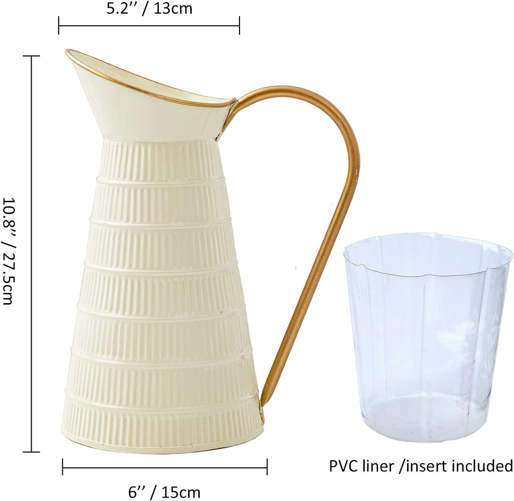 Elegant Cream/White Metal Pitcher Vase, Farmhouse Galvanized Flower Vase, Rustic Decorative Milk Jug for Home Decor, 10.8''H