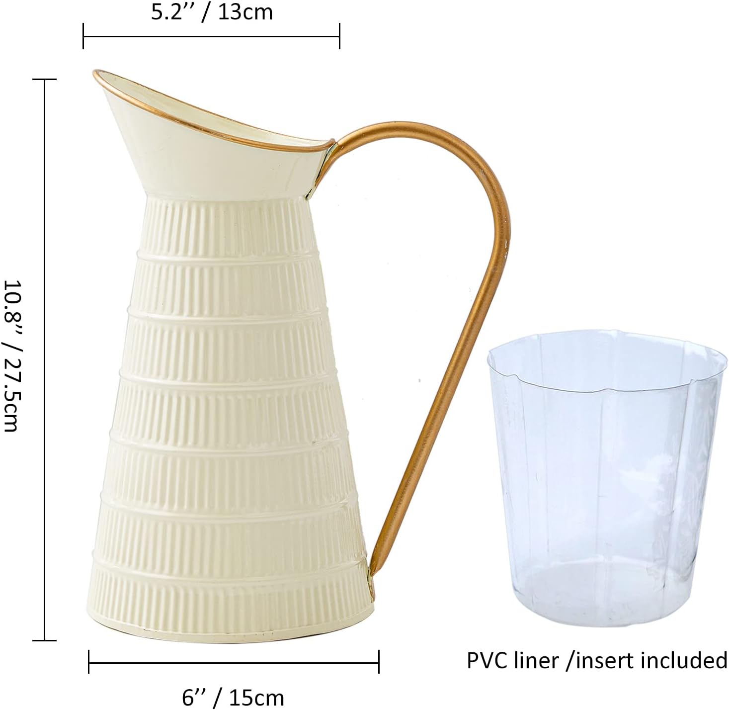 Elegant Cream/White Metal Pitcher Vase, Farmhouse Galvanized Flower Vase, Rustic Decorative Milk Jug for Home Decor, 10.8''H