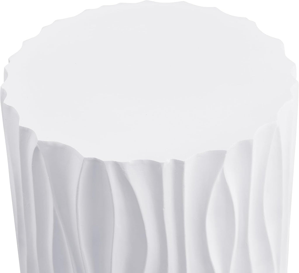 ø15.75'' Faux Stone Round Side Table Circle End Table for Living Room, Modern Unique Wavy Fluted Design, MGO Material for Indoor & Outdoor, No Assembly, White