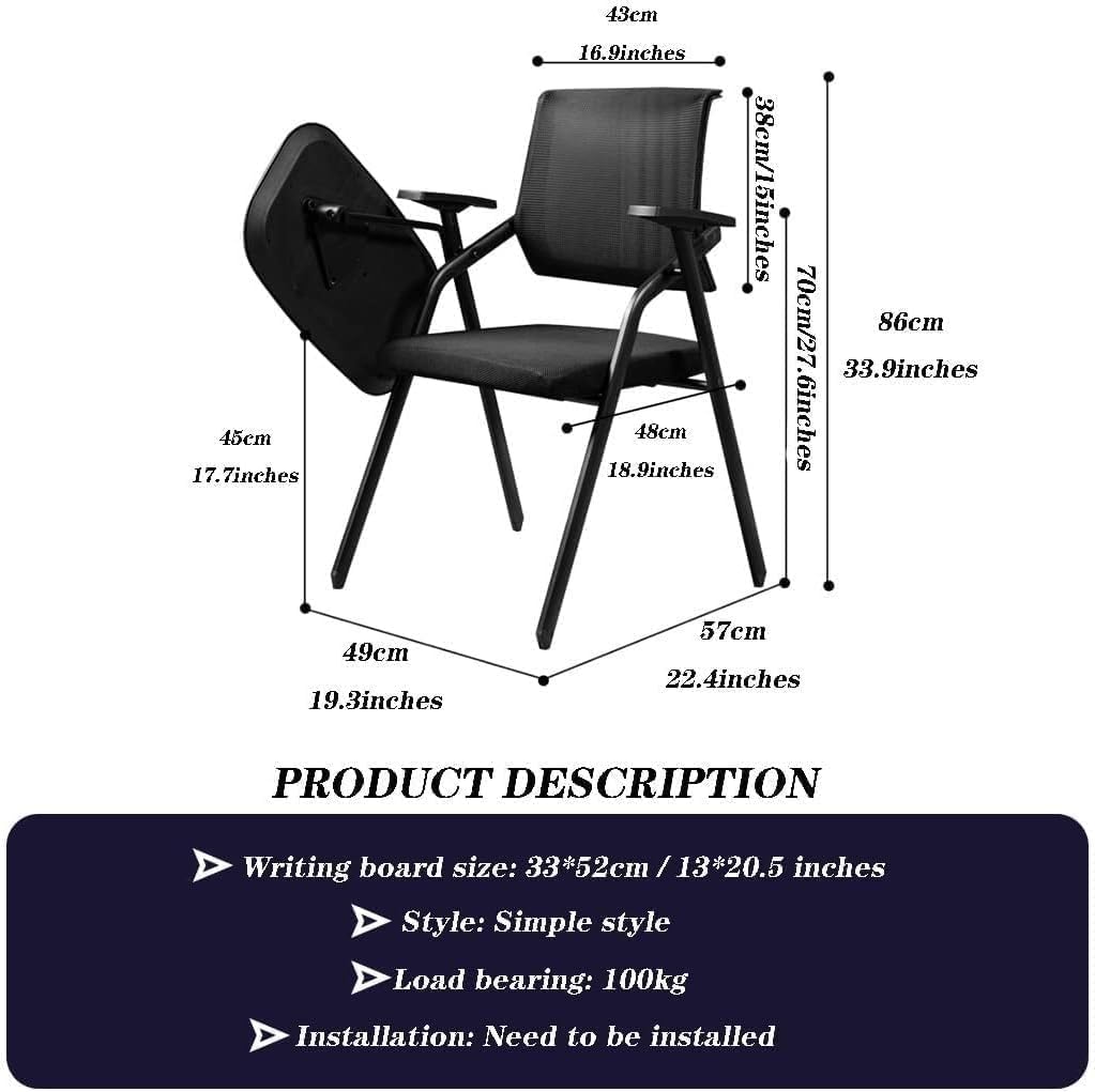 Black Folding Office Chair with Writing Pad Comfortable Armchair for Conference Room Staff Training