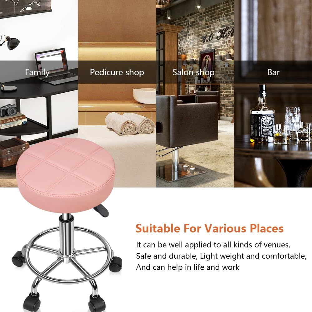 KKTONER Round Rolling Stool Chair PU Leather Height Adjustable Swivel Drafting Work SPA Shop Salon Stools with Wheels Office Chair Small (Pink)