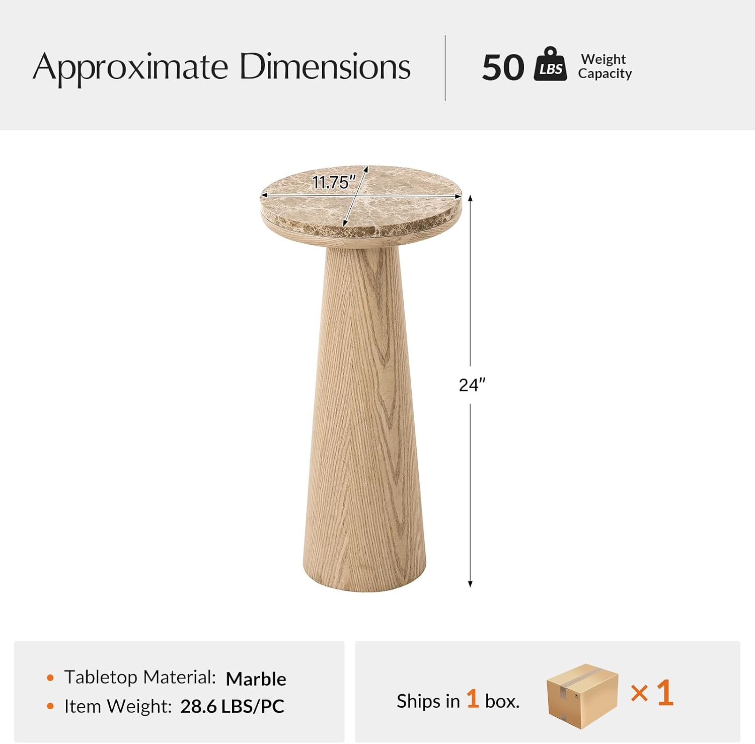 HULALA HOME Modern Round Marble Side Table, 24" High End Table with Sculptural Cone-Shaped Oak Wood Base, Genuine Stone Top Accent Table for Living Room, Bedroom, Small Spaces, Fully Assembled, Oak