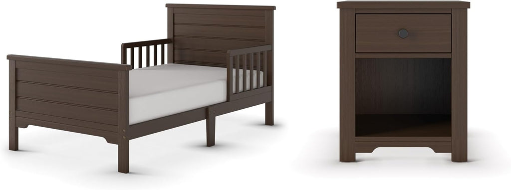 Child Craft Woodland Toddler Bed and Nightstand Bedroom Furniture Set, 2 Piece, Low to Ground Design (Brushed Truffle)